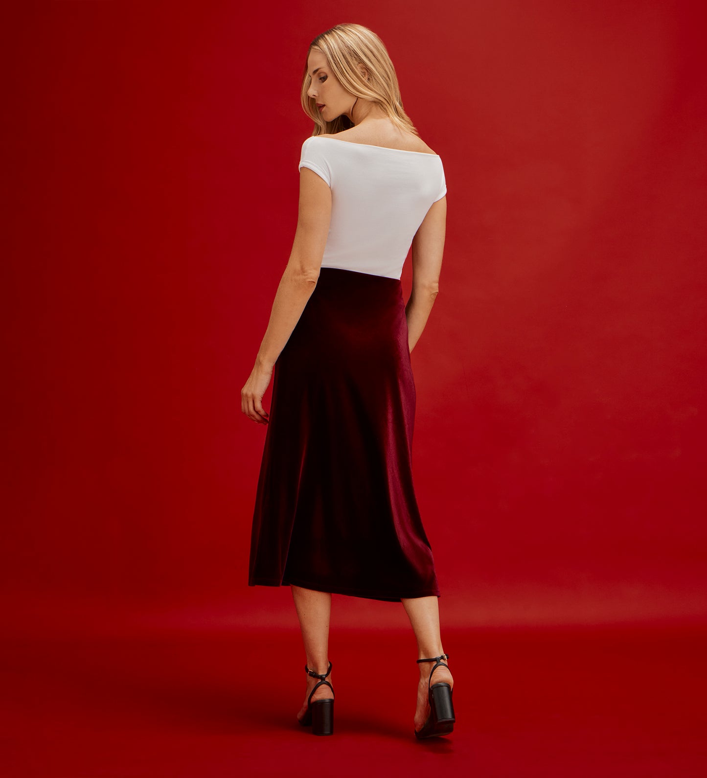 Bailey Burgundy Jersey Velvet A-Line Midi Skirt