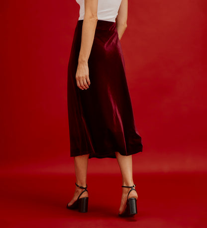 Bailey Burgundy Jersey Velvet A-Line Midi Skirt