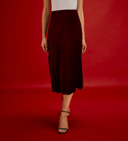 Bailey Burgundy Jersey Velvet A-Line Midi Skirt