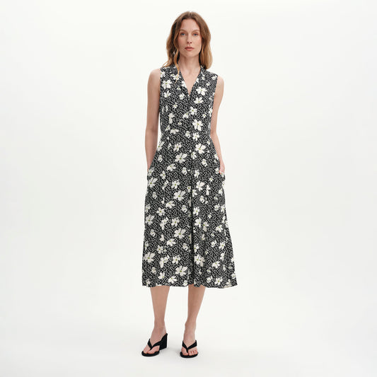 Beatrice Black Ditsy Sleeveless Midi Shirt Dress