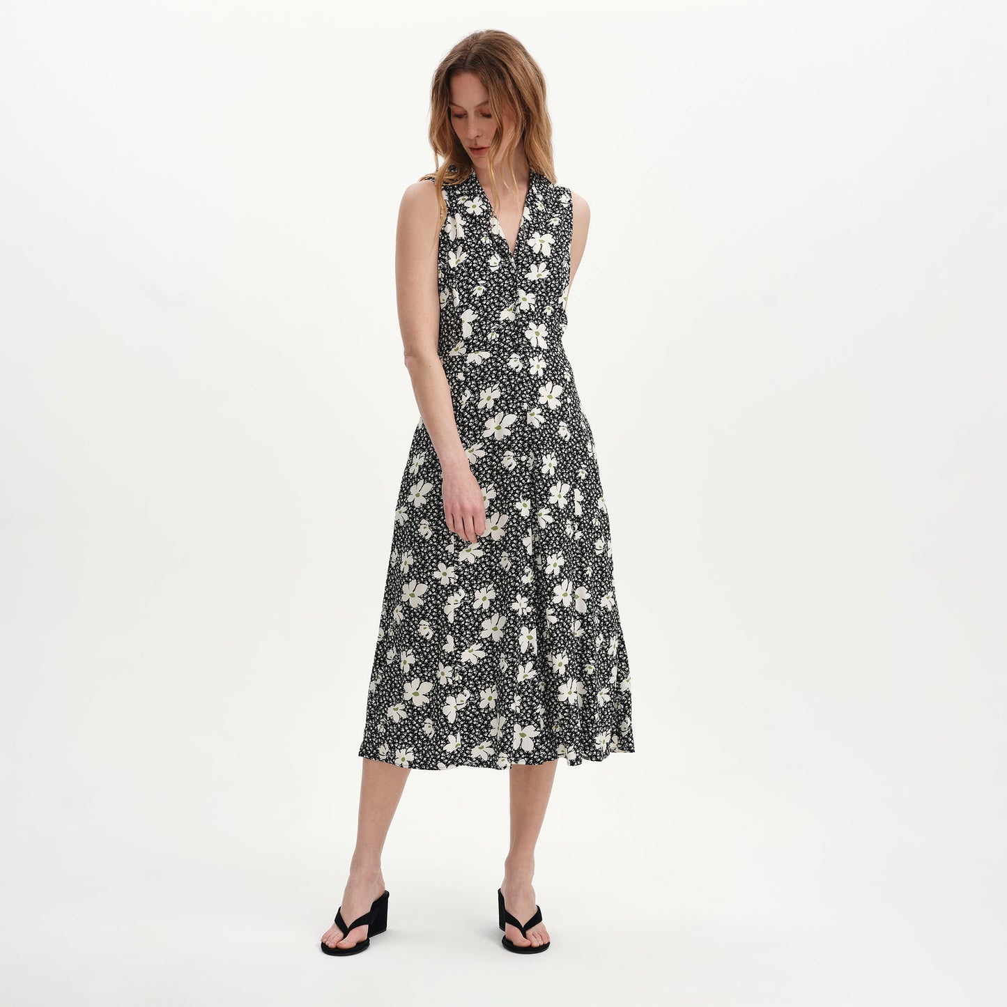 Beatrice Black Ditsy Sleeveless Midi Shirt Dress