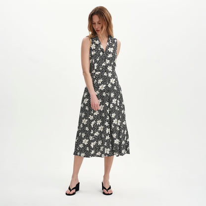 Beatrice Black Ditsy Sleeveless Midi Shirt Dress