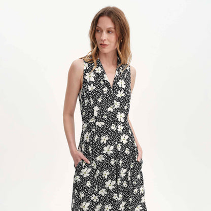 Beatrice Black Ditsy Sleeveless Midi Shirt Dress