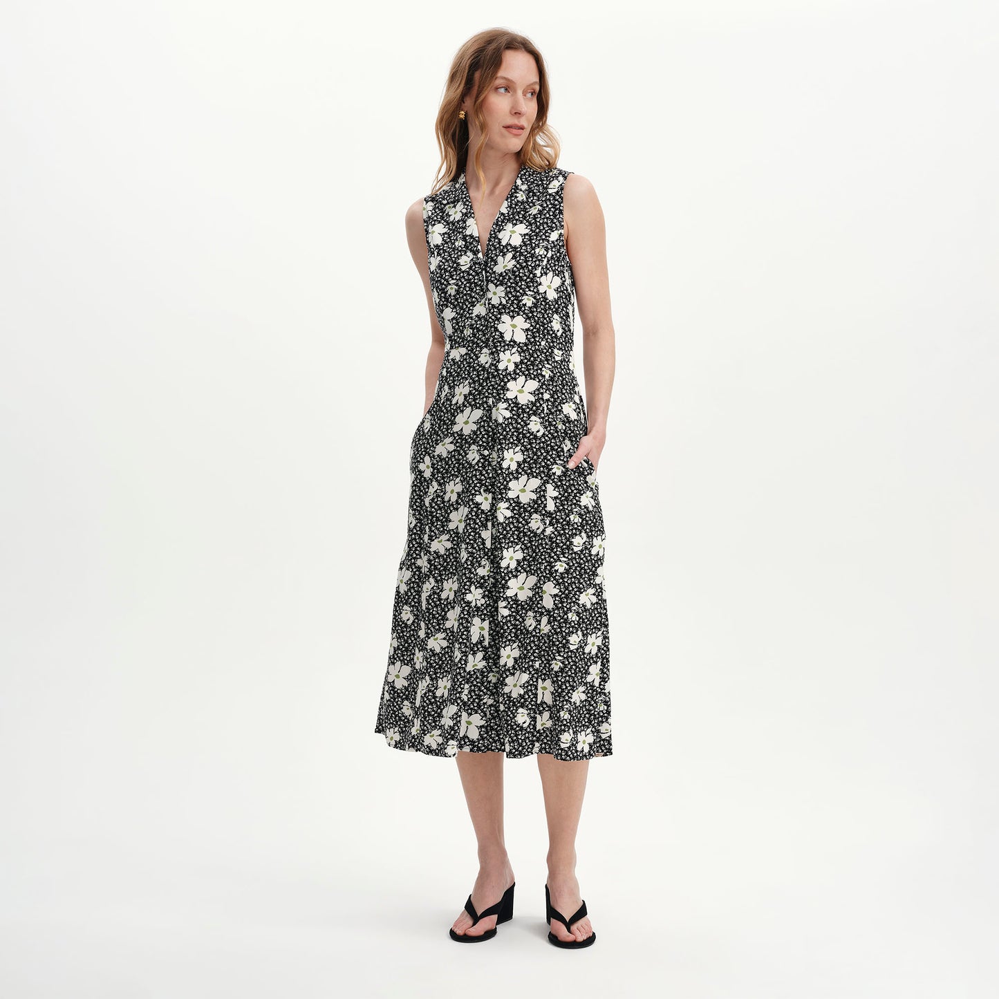 Beatrice Black Ditsy Sleeveless Midi Shirt Dress