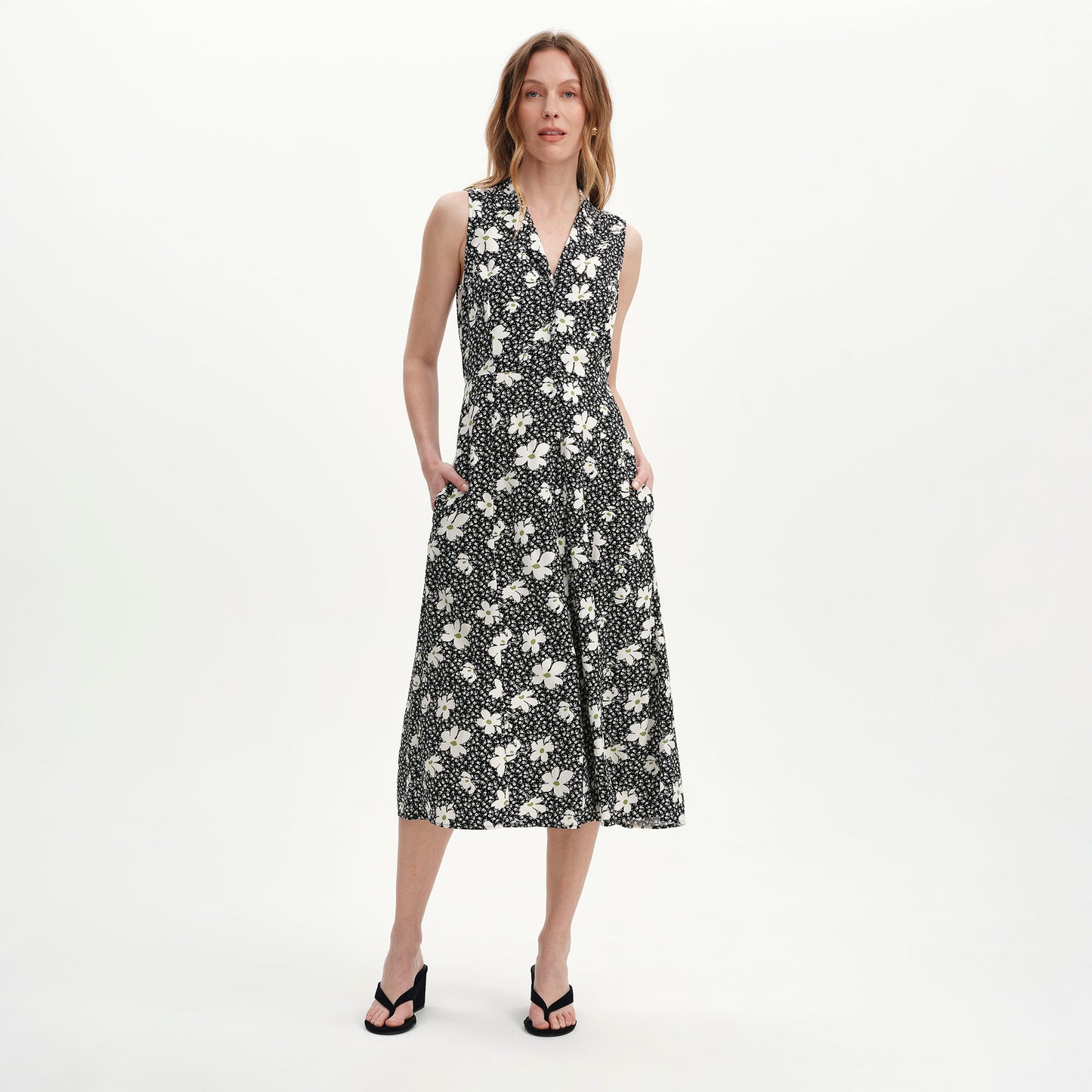 Beatrice Black Ditsy Sleeveless Midi Shirt Dress