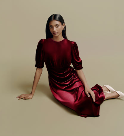 Mela Burgundy Velvet Midi Tea Dress