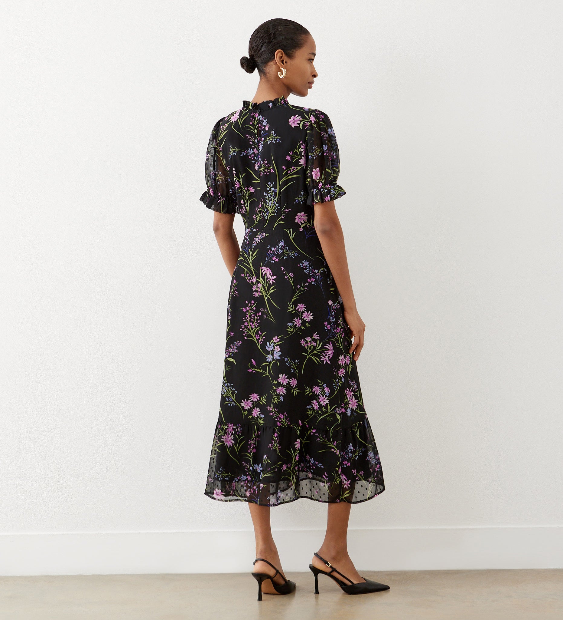 Camille Black Floral Chiffon Midi Dress – Finery London