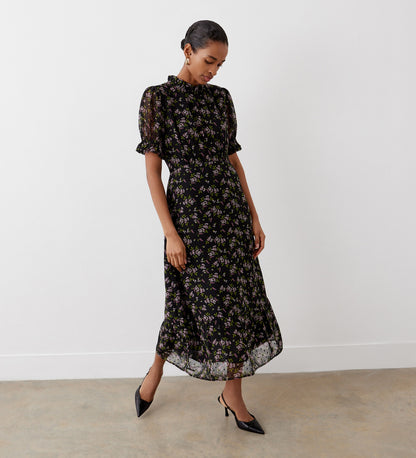 Camille Black Ditsy Chiffon Midi Dress