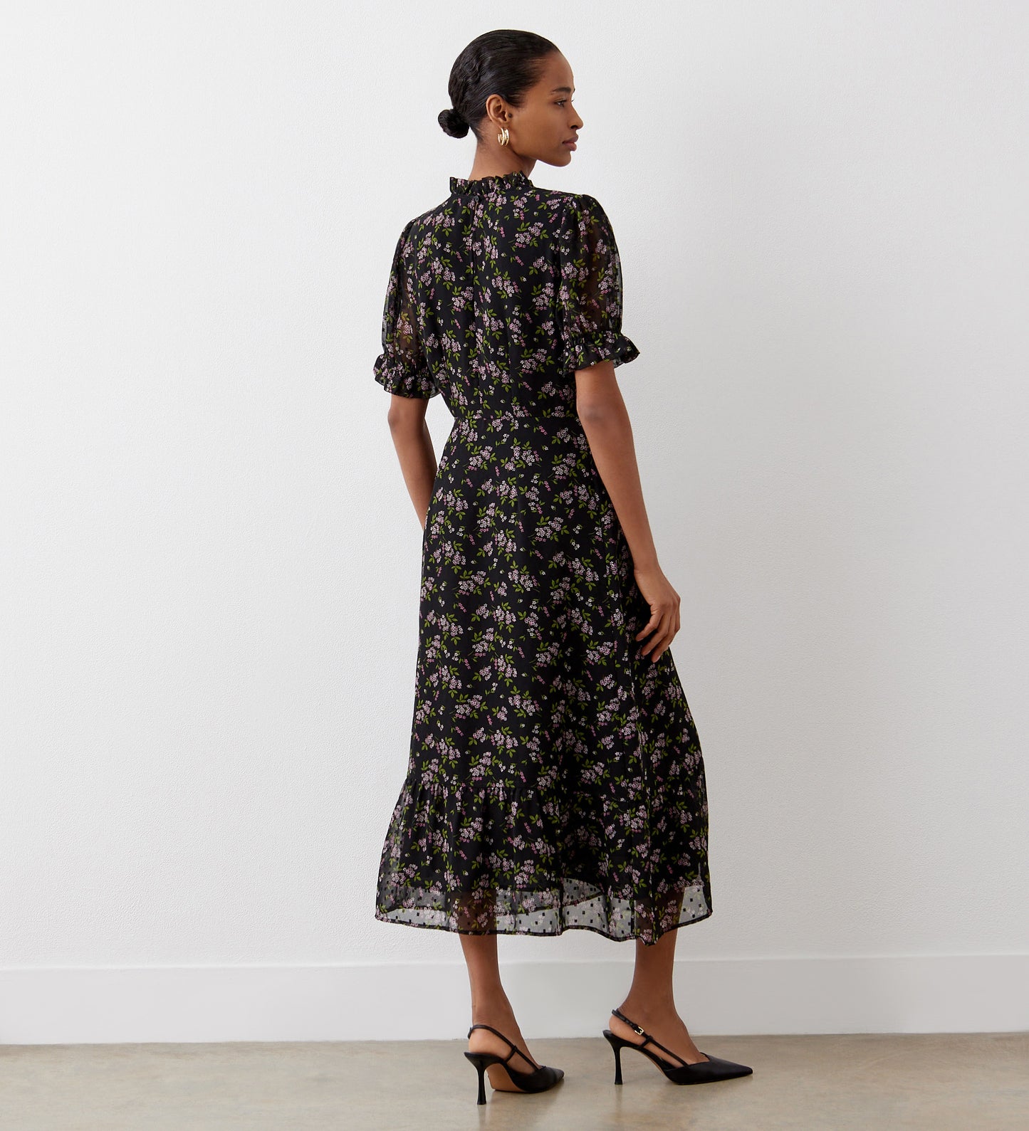 Camille Black Ditsy Chiffon Midi Dress