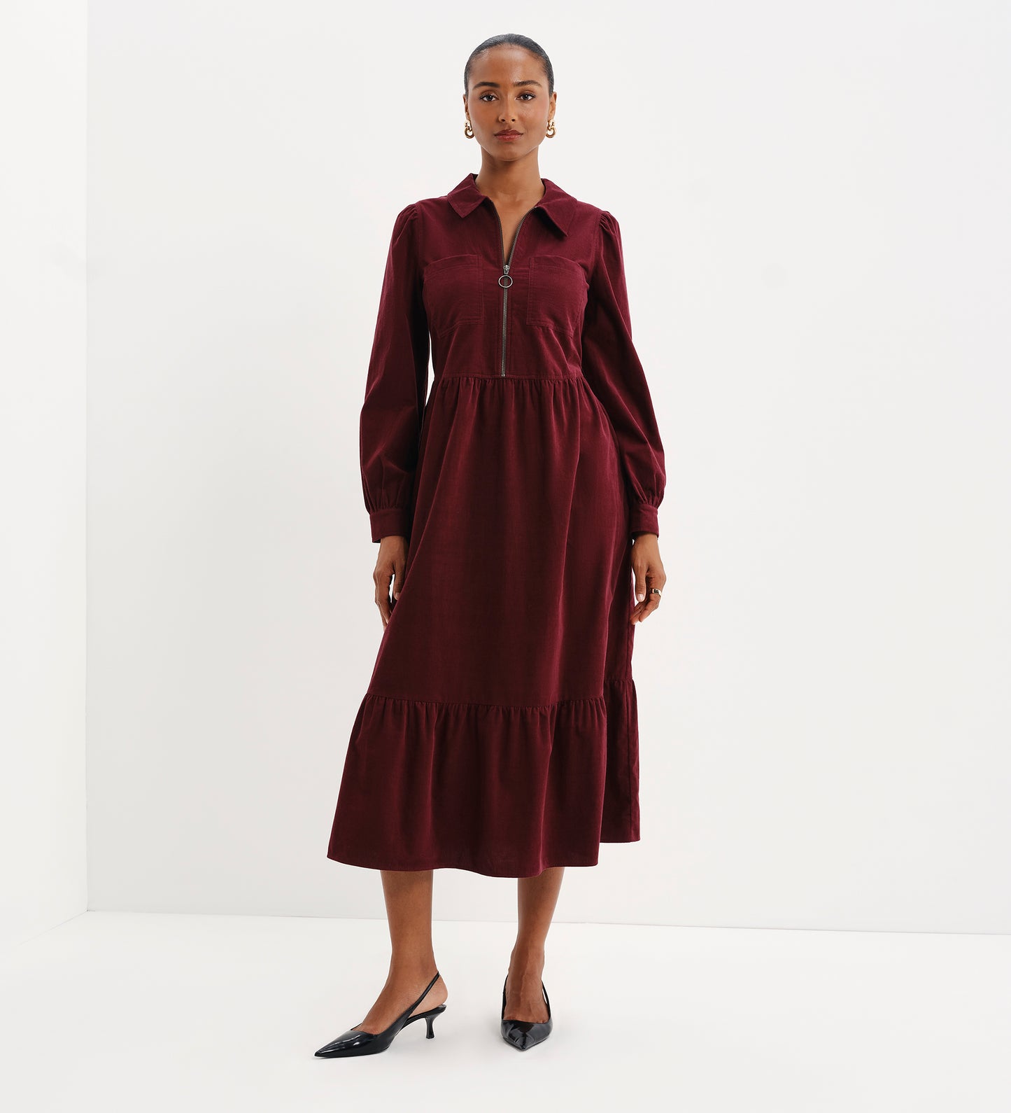 Callie Burgundy Corduroy Zip Front Tiered Midi Dress