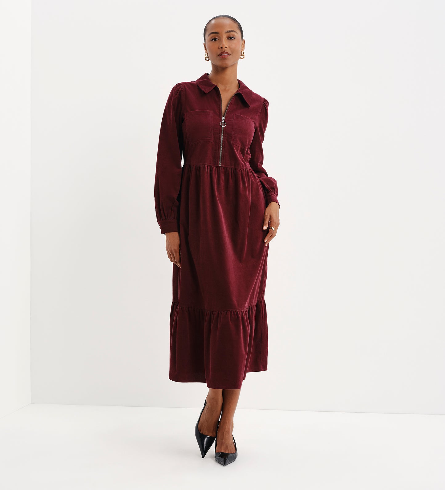 Callie Burgundy Corduroy Zip Front Tiered Midi Dress