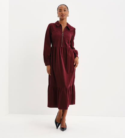 Callie Burgundy Corduroy Zip Front Tiered Midi Dress