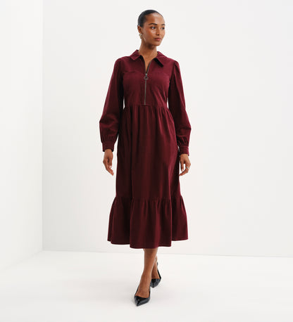 Callie Burgundy Corduroy Zip Front Tiered Midi Dress