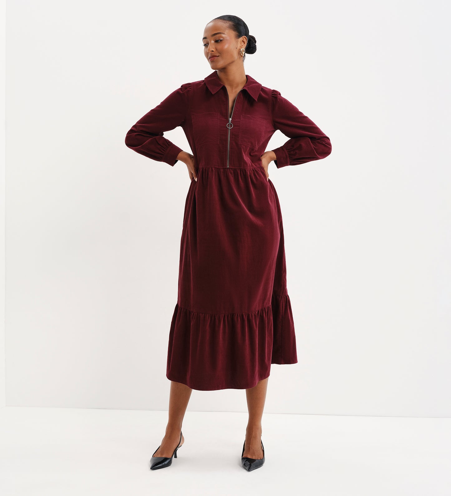 Callie Burgundy Corduroy Zip Front Tiered Midi Dress