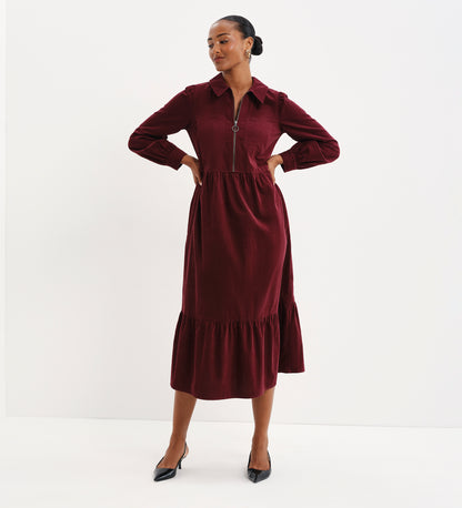 Callie Burgundy Corduroy Zip Front Tiered Midi Dress