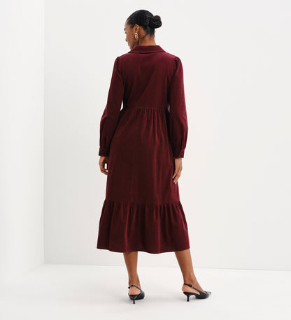 Callie Burgundy Corduroy Zip Front Tiered Midi Dress