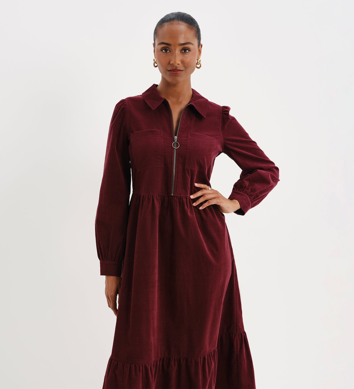 Callie Burgundy Corduroy Zip Front Tiered Midi Dress