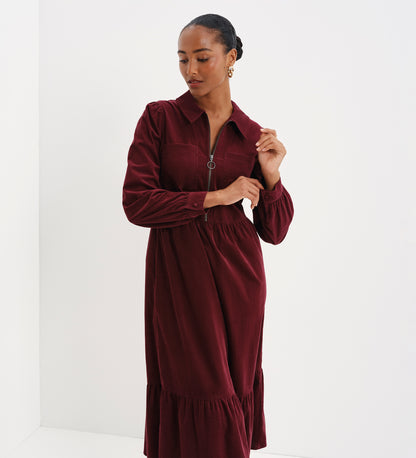 Callie Burgundy Corduroy Zip Front Tiered Midi Dress