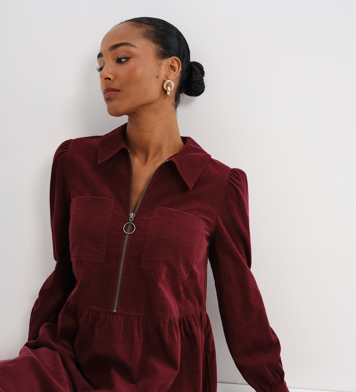 Callie Burgundy Corduroy Zip Front Tiered Midi Dress