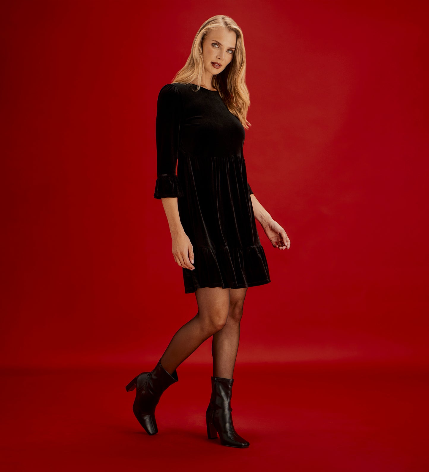 Camie Black Velvet Ruffle Cuff Tiered Mini Dress