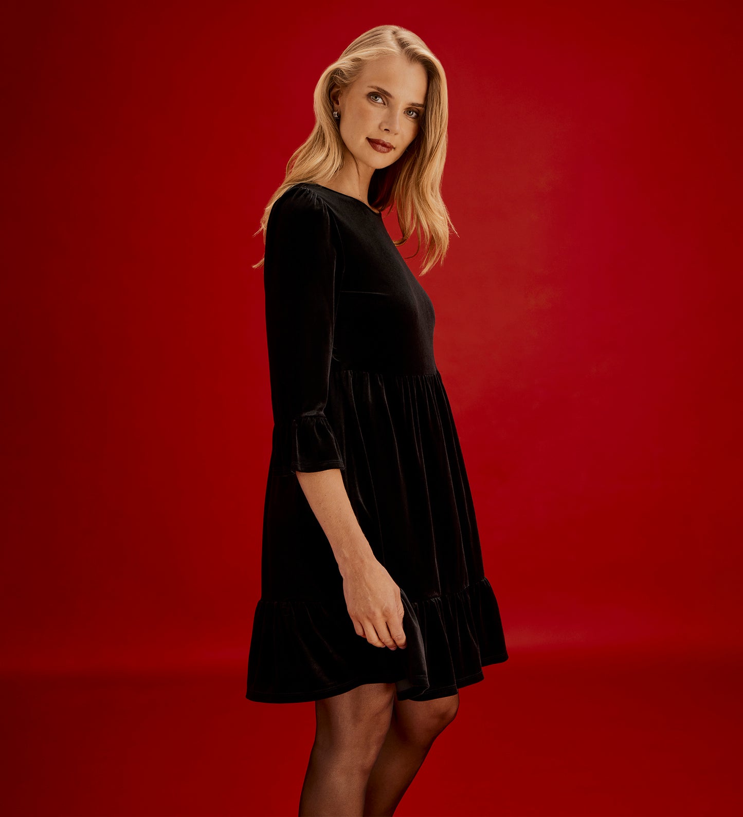 Camie Black Velvet Ruffle Cuff Tiered Mini Dress