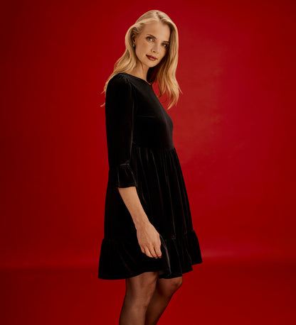 Camie Black Velvet Ruffle Cuff Tiered Mini Dress