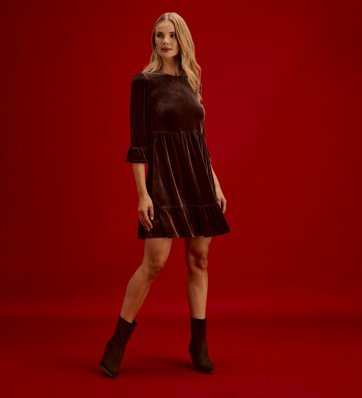 Camie Mocha Velvet Ruffle Cuff Tiered Mini Dress