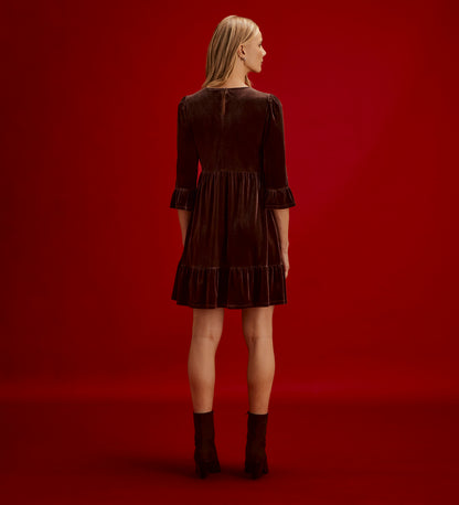 Camie Mocha Velvet Ruffle Cuff Tiered Mini Dress