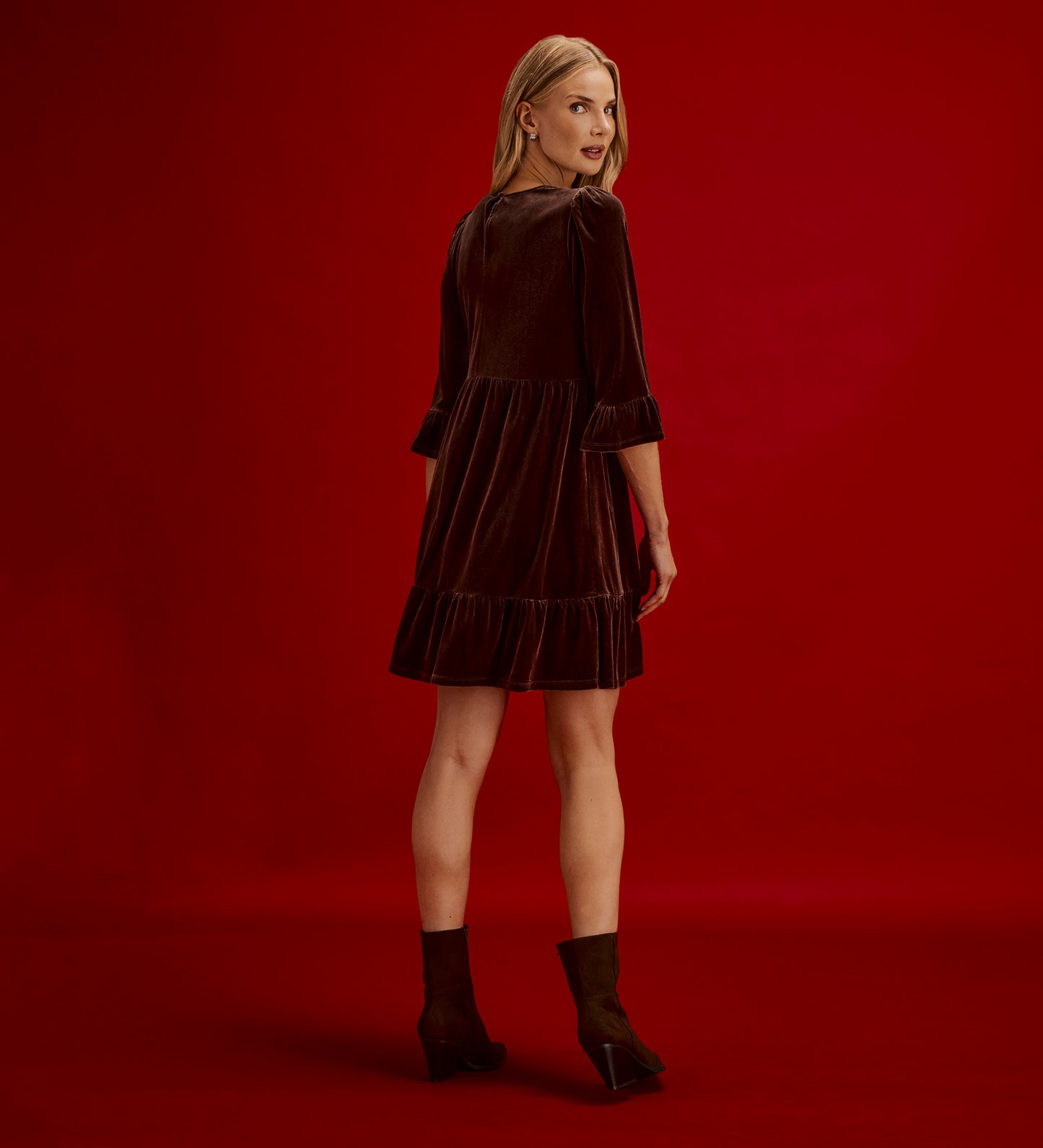 Camie Mocha Velvet Ruffle Cuff Tiered Mini Dress