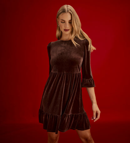 Camie Mocha Velvet Ruffle Cuff Tiered Mini Dress