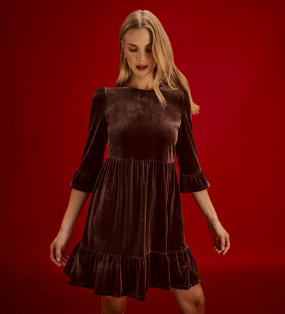 Camie Mocha Velvet Ruffle Cuff Tiered Mini Dress