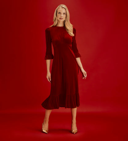 Scarlett Red Velvet Ruffle Cuff Tiered Midi Dress