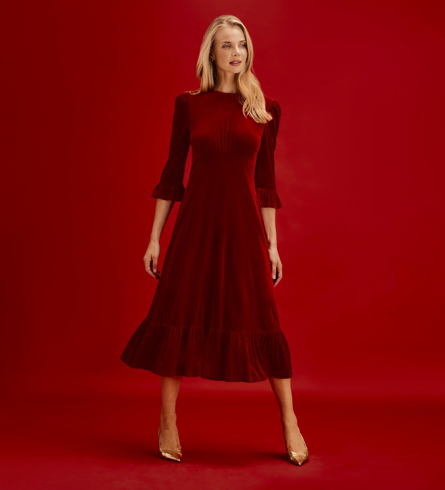Scarlett Red Velvet Ruffle Cuff Tiered Midi Dress