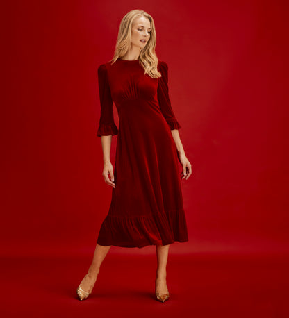Scarlett Red Velvet Ruffle Cuff Tiered Midi Dress