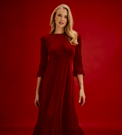 Scarlett Red Velvet Ruffle Cuff Tiered Midi Dress