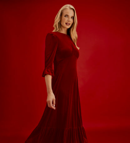 Scarlett Red Velvet Ruffle Cuff Tiered Midi Dress