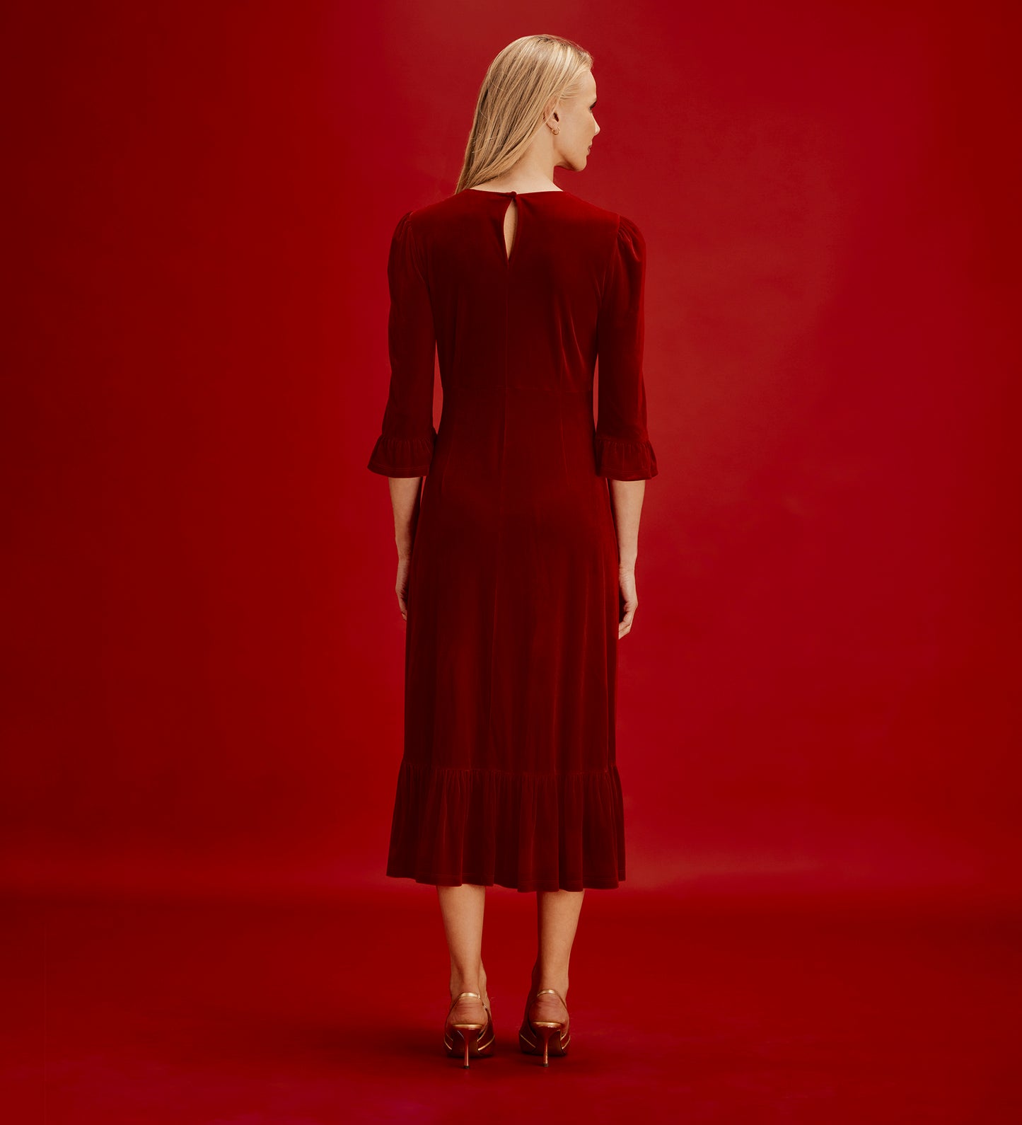 Scarlett Red Velvet Ruffle Cuff Tiered Midi Dress