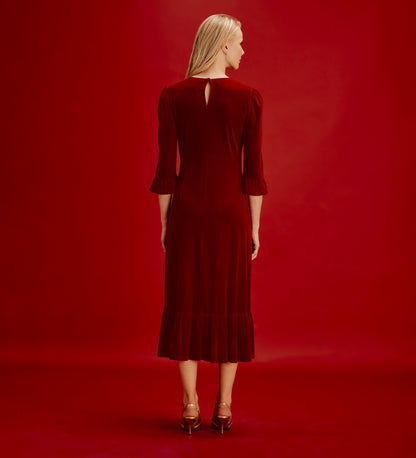 Scarlett Red Velvet Ruffle Cuff Tiered Midi Dress