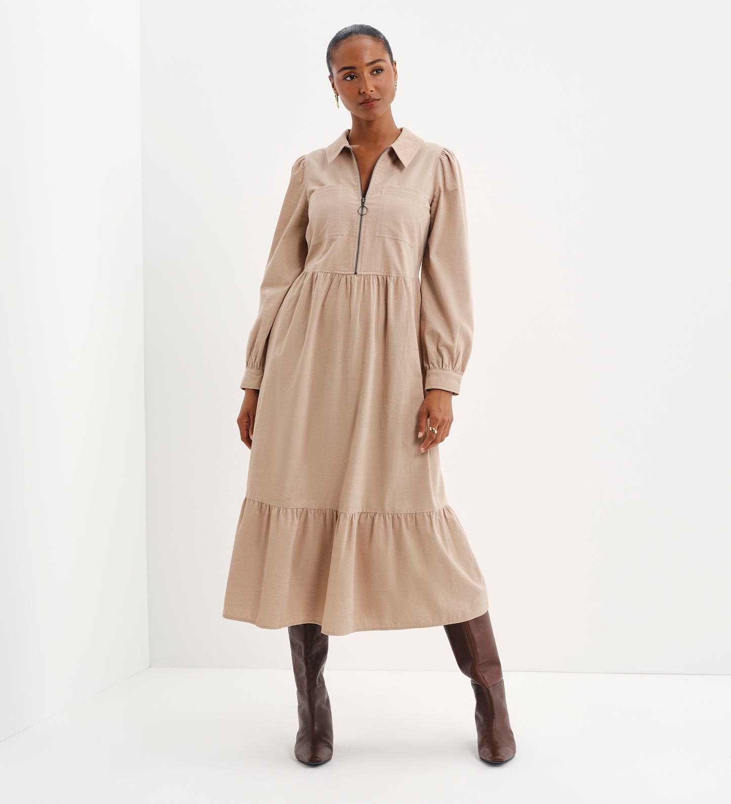 Callie Sand Corduroy Zip Front Tiered Midi Dress