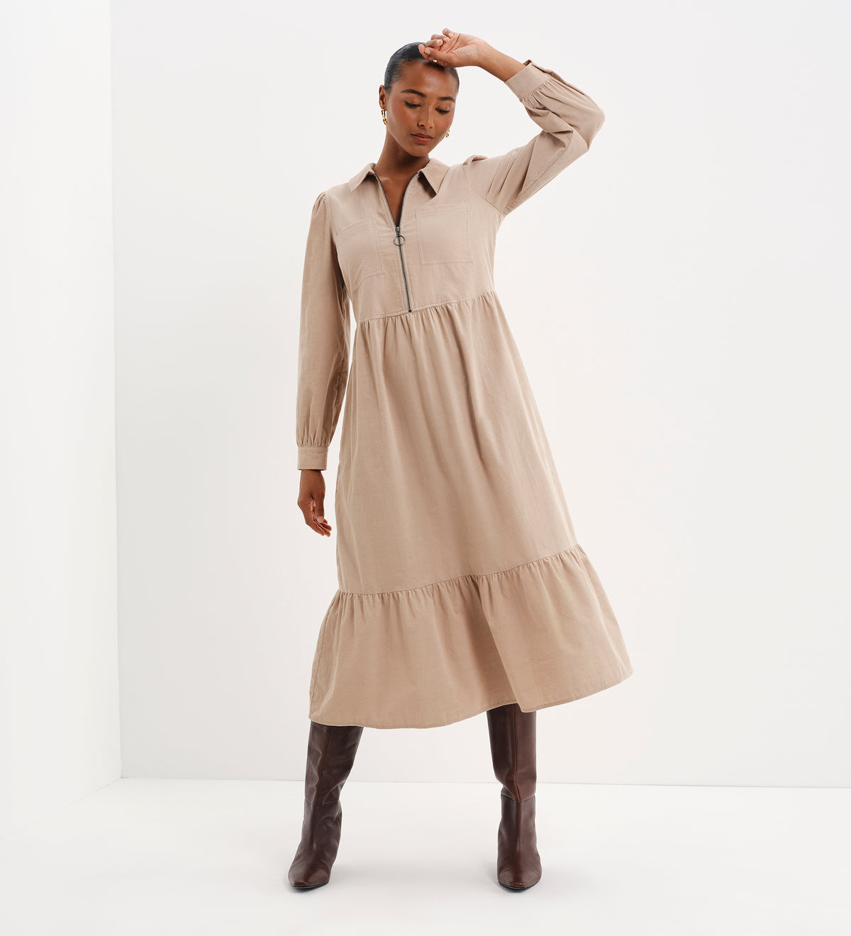 Callie Sand Corduroy Zip Front Tiered Midi Dress