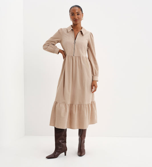 Callie Sand Corduroy Zip Front Tiered Midi Dress