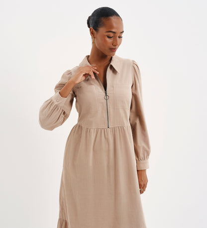 Callie Sand Corduroy Zip Front Tiered Midi Dress