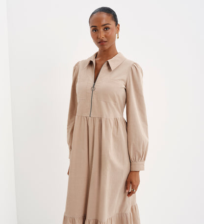 Callie Sand Corduroy Zip Front Tiered Midi Dress