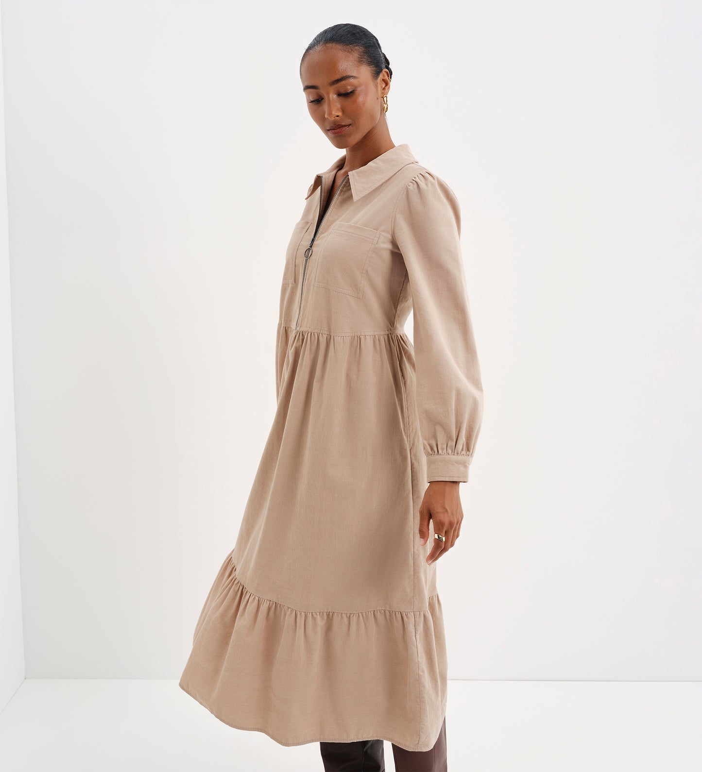 Callie Sand Corduroy Zip Front Tiered Midi Dress