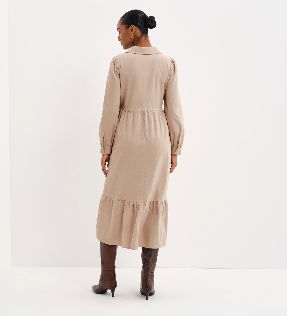 Callie Sand Corduroy Zip Front Tiered Midi Dress