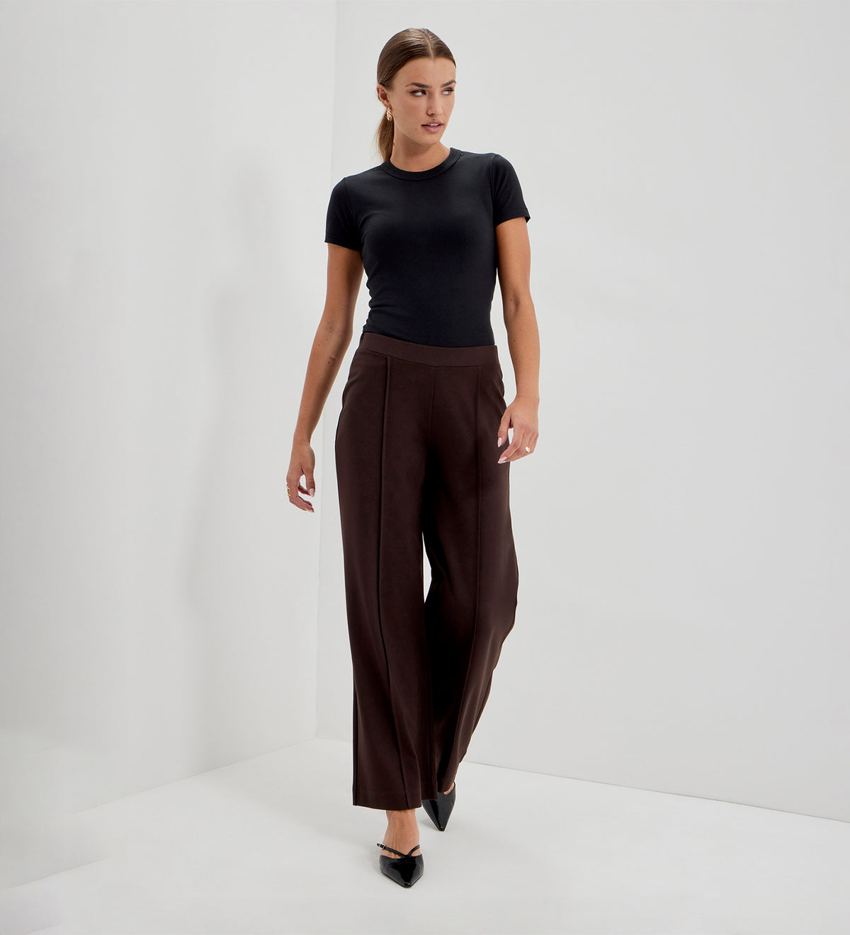 Caryl Chocolate Ponte Jersey Wide Leg Trousers