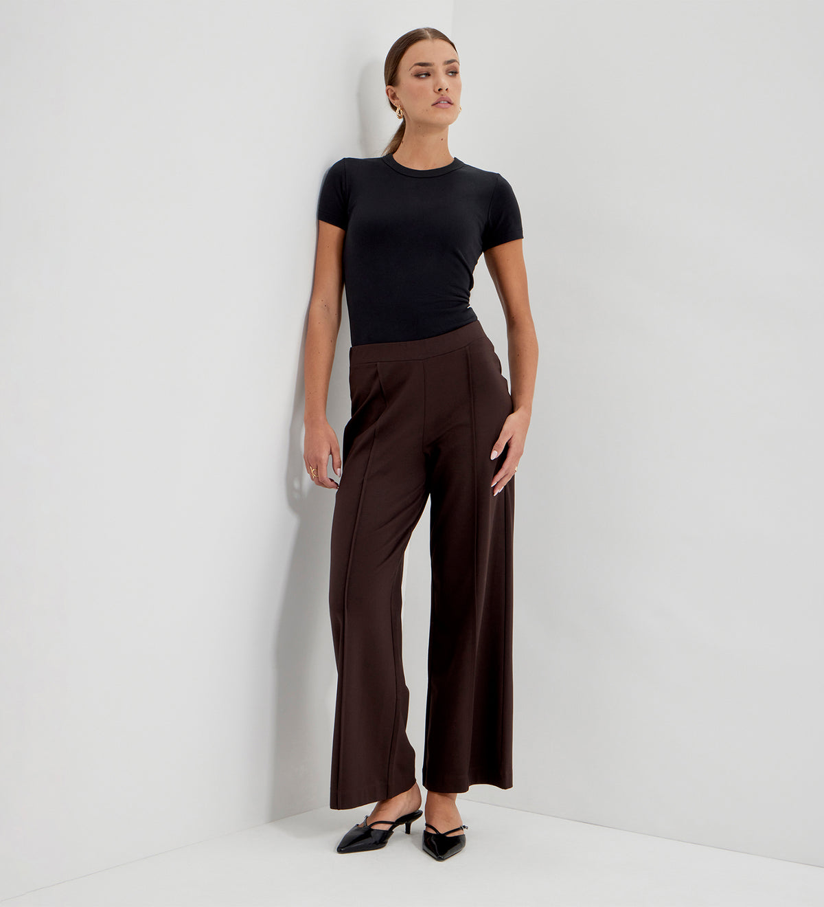 Caryl Chocolate Ponte Jersey Wide Leg Trousers