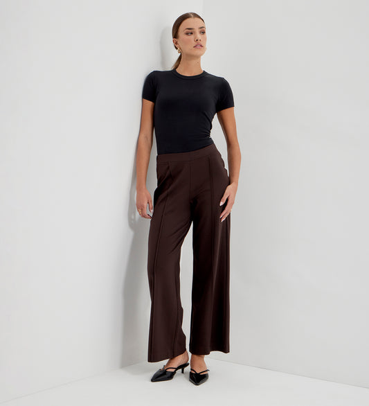 Caryl Chocolate Ponte Jersey Wide Leg Trousers