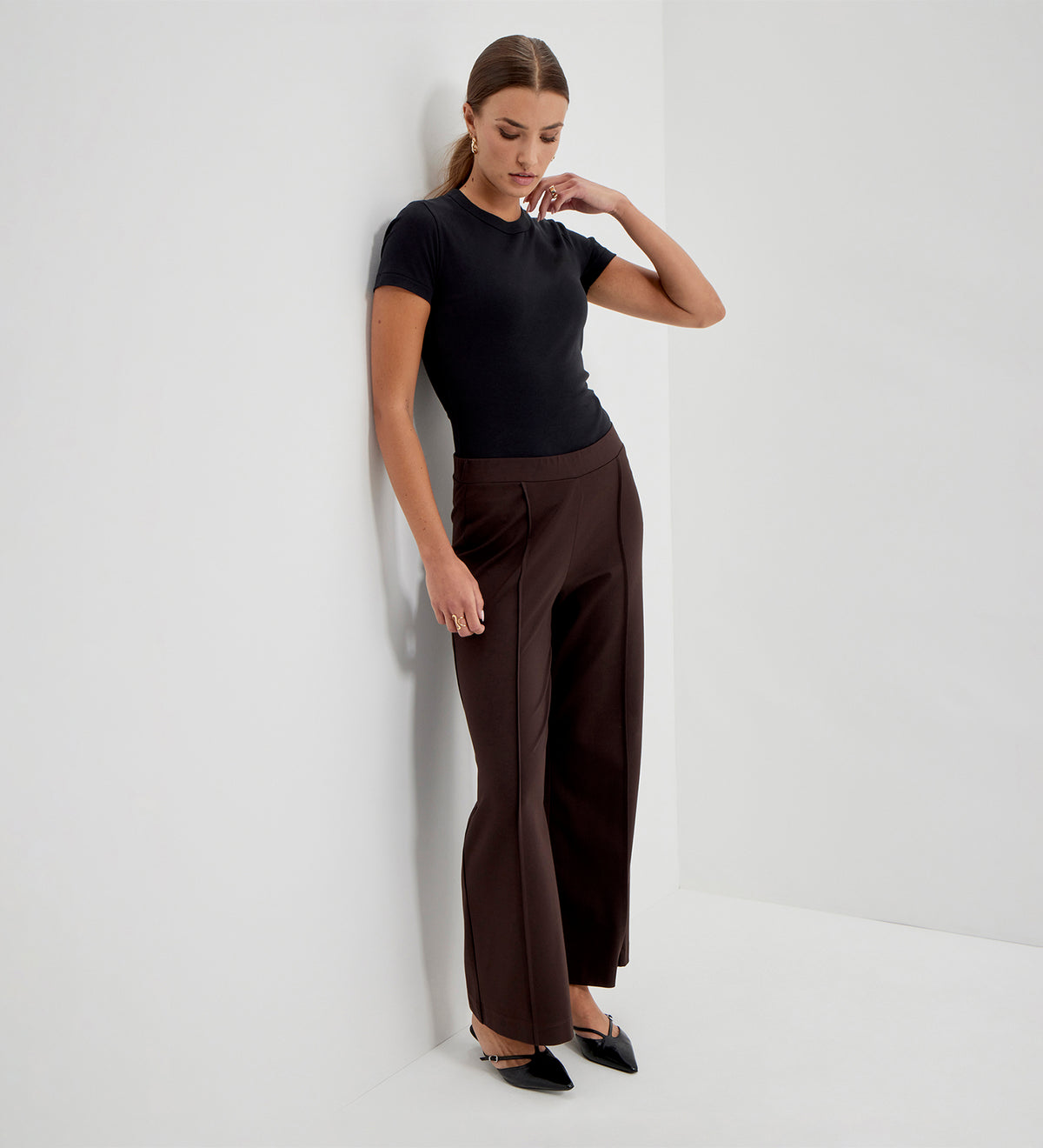 Caryl Chocolate Ponte Jersey Wide Leg Trousers