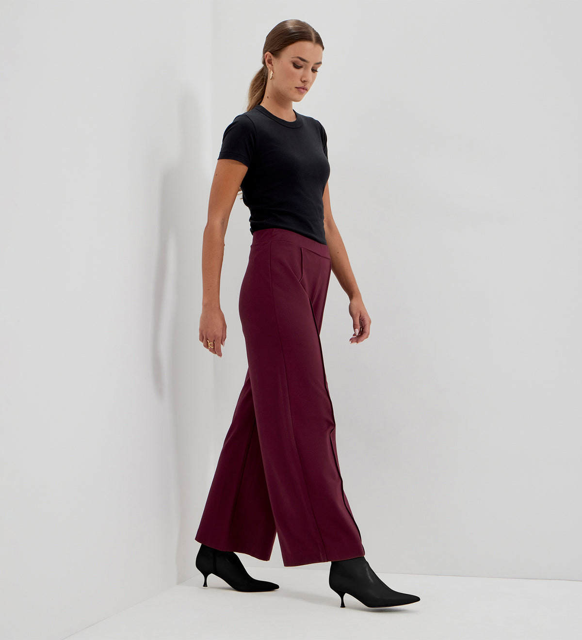 Caryl Burgundy Ponte Jersey Wide Leg Trouser